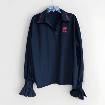 Black Pirate Renaissance Goth Shirt Top Women's Embroidered Roses Long Sleeve - Image 1 of 4