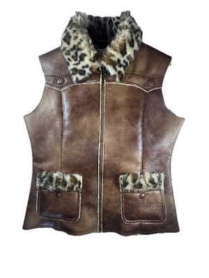Cripple Creek Open Vest Womens Size MEDIUM Faux Leather Brown Faux Cheetah Fur - Image 1 of 3