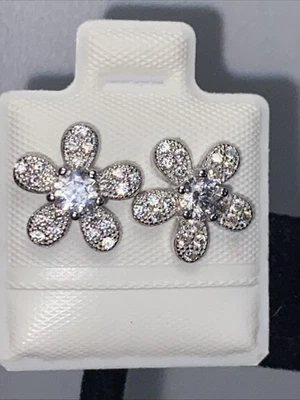 925 Sterling Silver Flower With Zirconia Earrings And Diamond Cut Earring. New - Image 1 of 4