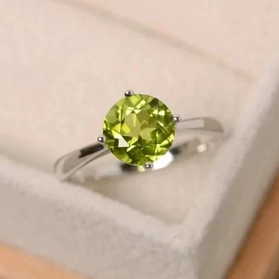 Round Cut 2.00 Ct Natural Peridot Diamond Engagement Ring 18K White Gold Size 6 - Image 1 of 4