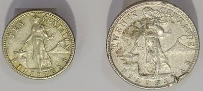 Set of (2) 1944-D Philippines 20 Centavos + 10 Centavos Silver Coins WWII - Image 1 of 2