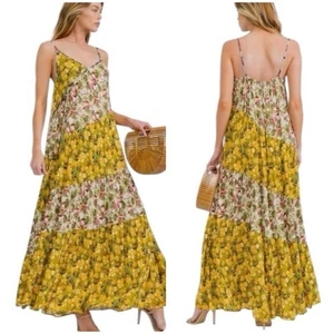 Easel Maxi Dress Women Large Floral Print Tiered Patchwork Sundress Loose Flowy - Picture 1 of 10
