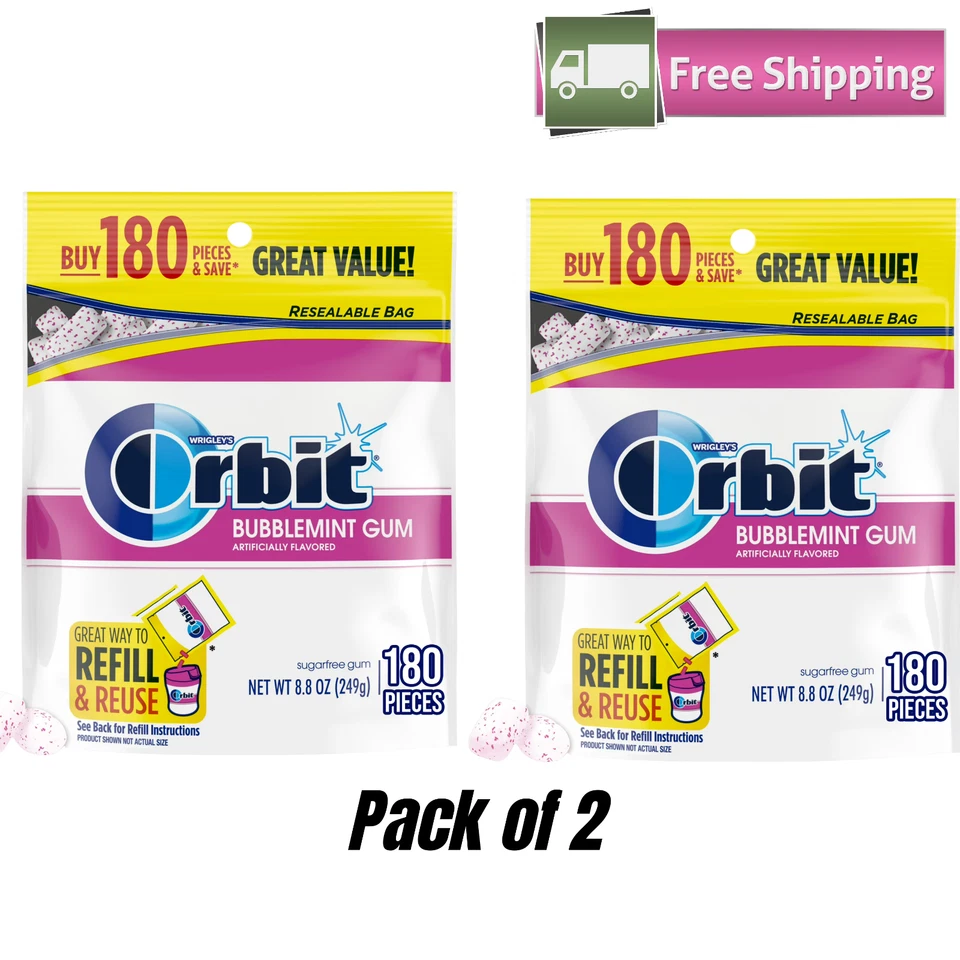 Paquete de 2 chicles Orbit Bubblemint sin azúcar, paquete económico - 180 quilates cada bolsa Foto 1 de 1