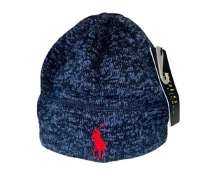 NWT Polo Ralph Lauren Youth Knit Hat Beanie Heathered Blue Red Pony One Size - Picture 1 of 7