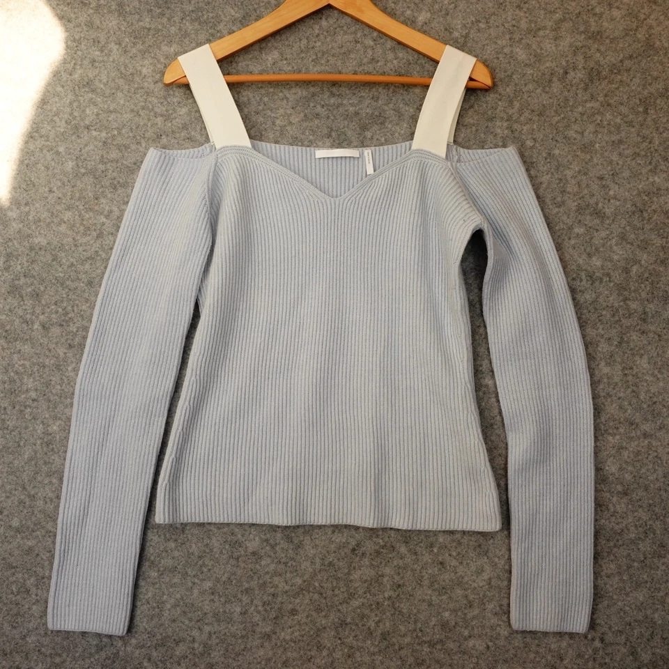 HELMUT LANG Ribbed Cold Shoulder Sweater Womens S Ice Blue Luxury Soft Girl Y2K - Image 1 of 4