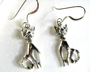 Sterling Silver Pussy Cat Kitten Vintage Retro style Dangle drop hook Earrings - Picture 1 of 5