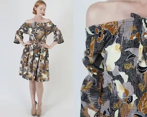 Vtg All Over Print Printed Mini Dress Smocked Bell Sleeve Ethnic Batik Sundress - Picture 1 of 7