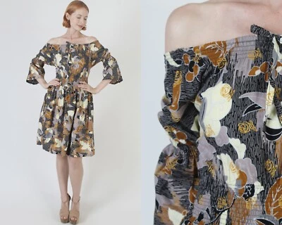 Vtg All Over Print Printed Mini Dress Smocked Bell Sleeve Ethnic Batik Sundress - Image 1 of 4