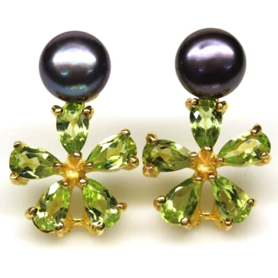 Prata esterlina 925 6 mm. Brincos de pérola magenta e peridoto verde folheados a ouro 18K - Imagem 1 de 4