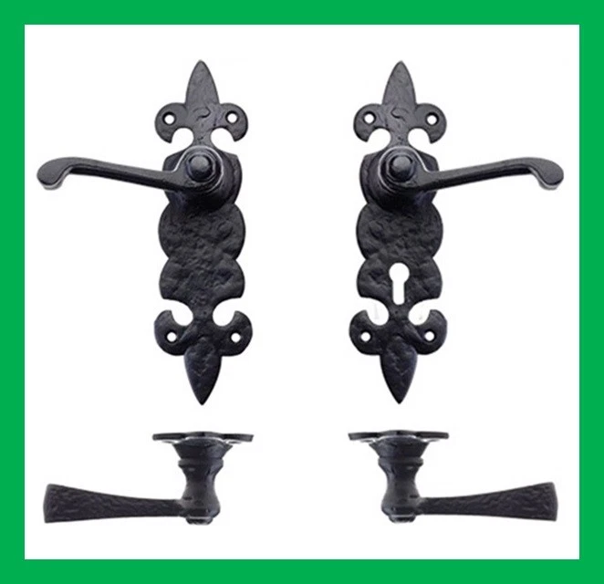 Cast Iron Black Antique Fleur-De-Lys Ornate Lever on Backplate Door Handle Set - Image 1 of 1