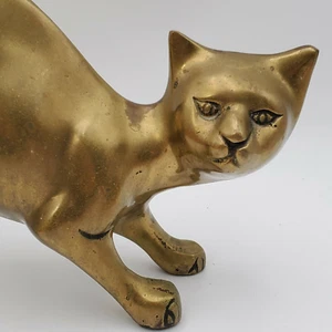 Large Solid Brass Cat Figurine Vintage Siamese Short Hair 15" x 12” MCM Korea - Picture 1 of 10