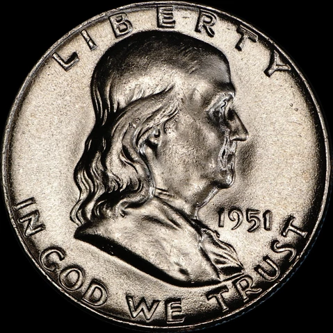 1951 Franklin Half Dollar Silver Brilliant UNC, Nice Bell Lines, As shown 380 Cover