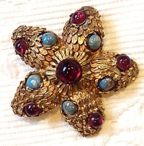 Vintage Starfish Floral Red Cabochon Faux Turquoise Rhinestone Brooch Pendant - Picture 1 of 5