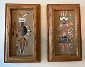 NAVAJO Native American Art SAND PAINTING Set of 2 Signed By Artists 4.50”x 7.50” - Picture 1 of 9