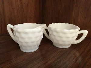 vintage jeannette milk glass cubist creamer and sugar - Picture 1 of 8