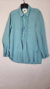 Nurture Women's Large Blue 100% Linen Ruffle 1/2 Button Up Long Sleeve Shirt - Picture 1 of 8