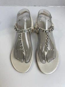 David’s Bridal Sarina Women’s Sandals 8 White Rhinestones Pearls Flat Toe Post - Picture 1 of 10
