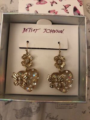 Betsey Johnson Lucite Heart With Flower & Butterfly Accent Drop Earrings NIB - Image 1 of 4