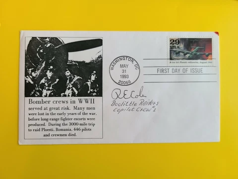 RICHARD" R.E " COLE DOOLITTLES RAIDERS SIGNED AUTOGRAPHED POSTAL COVER WW2 Cover