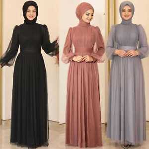 Damen Abendkleid Tüll Kleid Abiye Hijab Dress Langärmliges Kleid Maxikleid 36-48