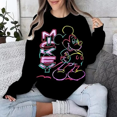 Disney Mickey Mouse Neon Effect Cartoon Harajuku Crewneck Long Sleeve Sweatshirt - Image 1 of 4