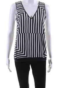 Indies Womens Striped Print V-Neck Keyhole Back Tank Blouse Black White Size 1 - Picture 1 of 7