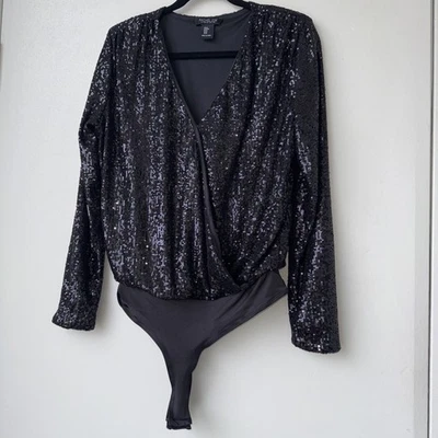Traje corporal Rachel Zoe M Top lentejuelas manga larga negro brillante cóctel fiesta Foto 1 de 4