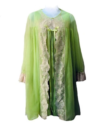 Dutchmaid Lime Green + Lace Nylon VTG 60s Peignoir Robe Nightgown 2 Piece Set 12 - Image 1 of 4