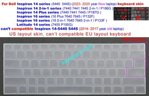 Keyboard Skin For Dell Inspiron 5445 7440 7441 7445 7640 7645 Latitude7455 P190G - Picture 1 of 7
