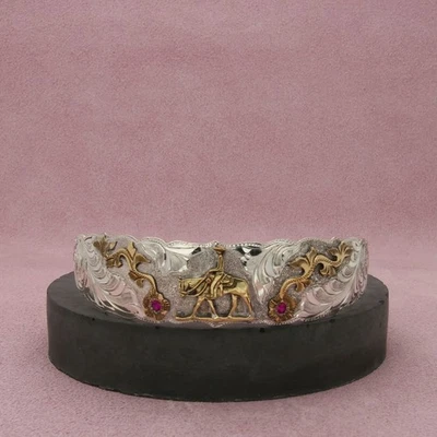 Brazalete bota vaquero rodeo grabado rubí relleno plata esterlina y oro 12k Foto 1 de 3