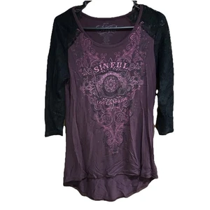 Sinful By Affliction Love & Pride Long Shirt Black Lace Sleeves Women’s Medium M - Picture 1 of 10