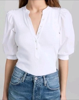 Veronica Beard Coralee Puff-Sleeve Top Ribbed Knit, Size S, White - Image 1 of 4