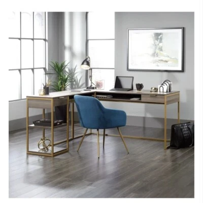 L-Shaped 2-Drawer Desk, Fine Ash Finish Computer Desk Makeup Desk Office Desk - Image 1 of 4