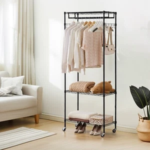 3 Tier Heavy Duty Rolling Garment Rack with Wheels,Hanging Rods & Side Hooks - Picture 1 of 9