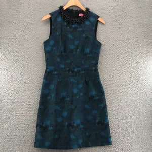 Betsey Johnson Dress Women 2 Green Blue Jacquard Sheath Beaded Collar Sleeveless - Picture 1 of 13