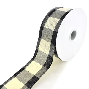 Buffalo Plaid Checkered Wired Ribbon, Ivory, 1-1/2-inch, 10-yard - Picture 1 of 1