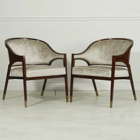 Pair of Art Deco Style Mahogany Carved Arm Lounge Chairs Silver White Fabric Cover
