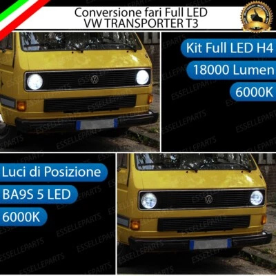 CONVERSIONE FARI LED VW TRANSPORTER T3 KIT H4 + POSIZIONE BA9S T4W 6000K BIANCO - Immagine 1 di 3