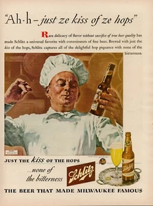 1944 Beer Schlitz Brewery Vintage Print Ad Milwaukee Famous Chef Kiss Hops - Picture 1 of 9