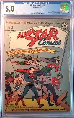 1947 All-Star Comics 36 CGC 5.0 Superman and Batman join Justice Society. RARE! - Image 1 of 2