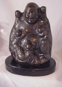 Laughing Bronze Buddha Statue w/ Children Wood Base - Picture 1 of 5