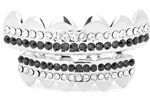 Silver High Quality Electroplated Iced Black CZ Top Bottom Teeth Grillz Set USA - Picture 1 of 2
