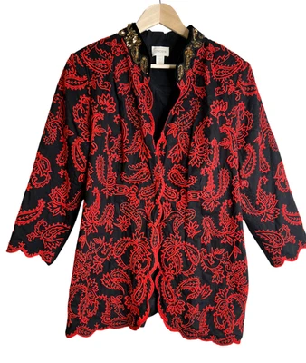 Chico’s Talla 2 US 12 L Rojo Bordado Paisley Lentejuelas Chaqueta Blazer Vestido Boho Foto 1 de 4