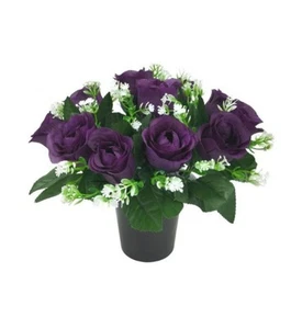 Purple Rose Grave Flowers Cemetery Pot Artificial Flowers For Graves - Picture 1 of 1