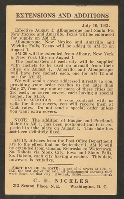 1931 C. E. Nickles' Announcements on Air Mail Flights for AM-12, 33, 20, 1, & 18 - Image 1 of 2
