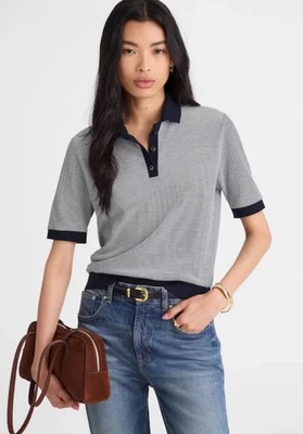MADEWELL WOMEN'S NAVY WHITE STRIPED TEXTURE-RIB CROPPED POLO TEE TOP Sz M Preppy - Image 1 of 4