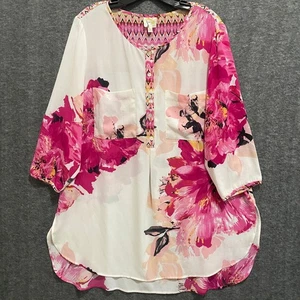 Top túnica floral de higo y flor para mujer 2X blanco rosa botón fluido camisa Lagenlook - Imagen 1 de 10