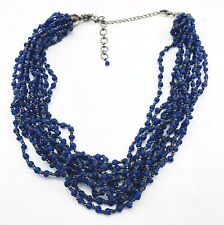 Cobalt Blue Satin Twist Bead Necklace Dark Iridescent Accents Silver Tone Retro