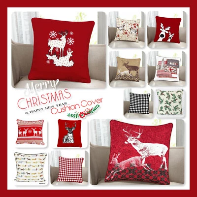 Christmas Cushion Covers Merry Xmas Decorative Square Cotton Cushion Case 18x18” - Image 1 of 2