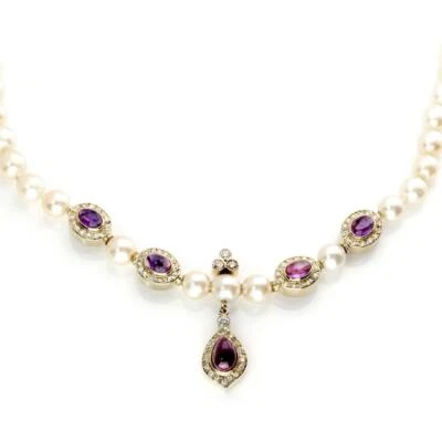 Estate 5 Carats Diamond & Amethyst 18k Gold Pearl Necklace LIQUIDATION! - Image 1 of 4